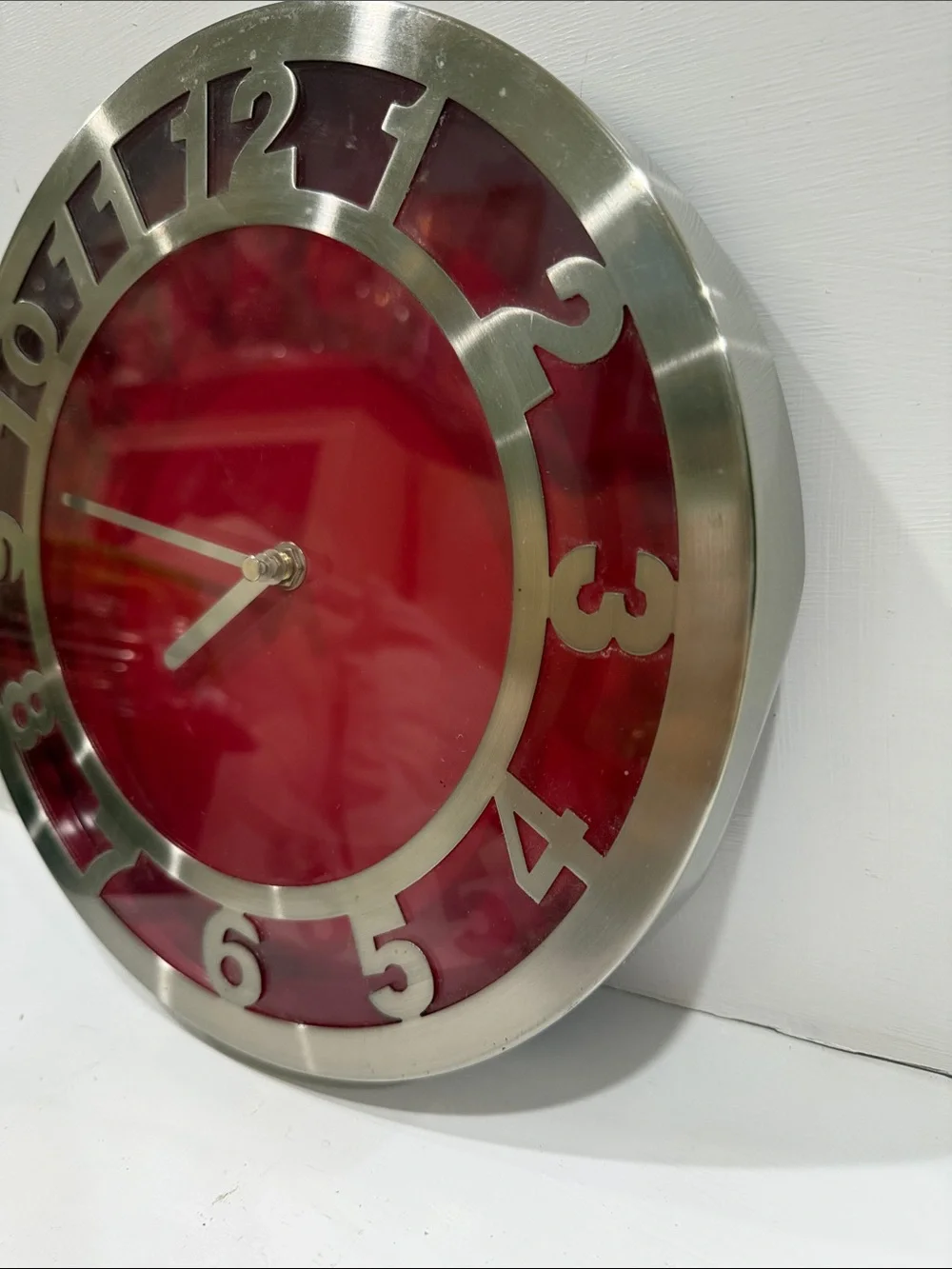 Contemporary Red Wall Clock 11” in Diameter with Brushed Silver Numeral Frame